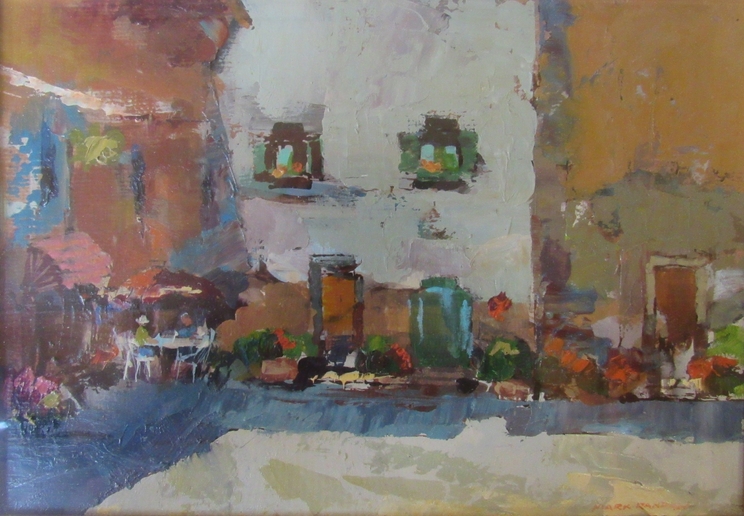 MARK RANDALL (921-2011): "Outdoor Diners-Marciana" and a similar scene. Oil on primed board. - Image 3 of 3
