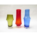Three Riihimaki Scandinavian glass vases in green, blue and red.
