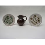 Two Rye pottery dishes, 19cm and 17cm diameter and a jug,