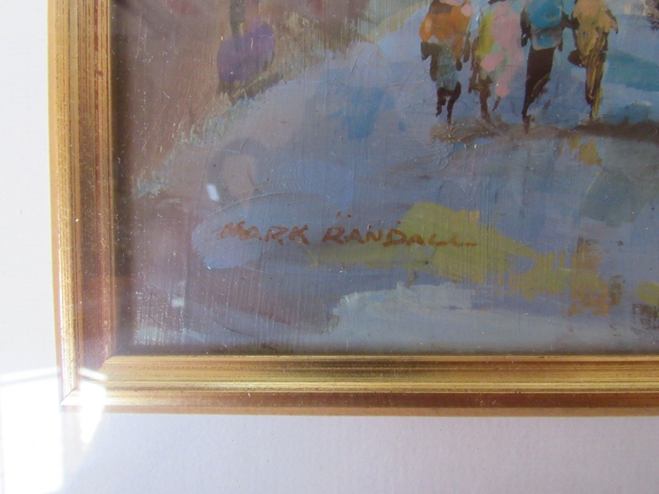 MARK RANDALL (921-2011): "Outdoor Diners-Marciana" and a similar scene. Oil on primed board. - Image 2 of 3