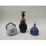 A 1950's Tintagel hand painted studio pottery ewer together with a sculptural candle holder and