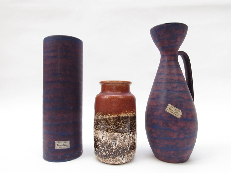 Three Carstens West German pottery vases, two with purple glazes.