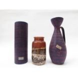 Three Carstens West German pottery vases, two with purple glazes.