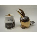 A Robert Steward pottery 'Indian' storage jar with golded lid and an Italian Gilded bird pottery