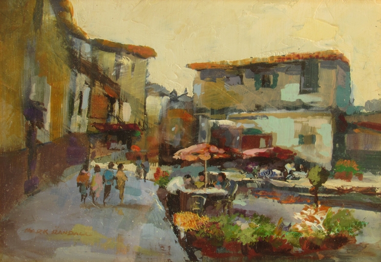 MARK RANDALL (921-2011): "Outdoor Diners-Marciana" and a similar scene. Oil on primed board.