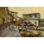 MARK RANDALL (921-2011): "Outdoor Diners-Marciana" and a similar scene. Oil on primed board.