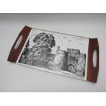 A 1960's teak and mellamine tea tray with Skipton Castle pictured