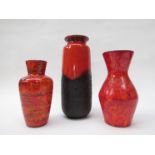 Three West German orange Lava vases with black, various shapes, 523-21, 523-18,