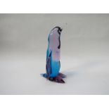 11" tall Murano penguin in blue and alexandrite (colour changing) glass.