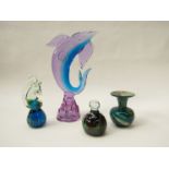 Three pieces of Mdina glass including two paperweights and a Murano fish 30cm tall