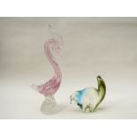 A Murano glass bird with pink internal line detail encased in clear and a blue and smoked glass