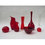 Seven pieces of red glass vase including Arthur Percy vase, Whitefriars jugs,