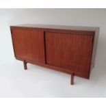 A Gordon Russell of Broadway teak twin door side cabinet with brass plate handles label verso 152cm