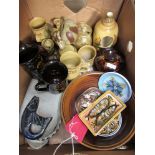 A box of assorted studio pottery including Alvingham and Icelandic examples