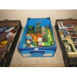 A box of mixed played with diecast models including Dinky,