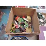 A box of lead farm animals, figures, accessories including Britains hunt,