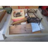 A box of dolls house furniture including Victorian style double bed,