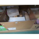 A large box of mixed model makers items including tiles, dormer unit, table wares,