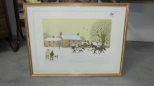A signed limited edition lithograph 88/200 of horse riders in snowy village scene by Vincent