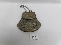 A Victorian brass and embossed leather sporran shaped purse