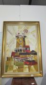 A cubist abstract oil on board painting of a Lincolnshire windmill scene by Skegness artist Eric