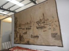A large tapestry wall hanging of a harbour scene