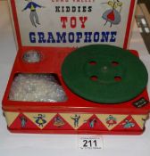A boxed tin plate Chad Valley clockwork kiddies toy gramophone