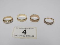 2 9ct gold wedding bands and 2 yellow metal rings