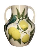A large impressive Moorcroft lemon and blue finches vase designed by Sally Tuffin,