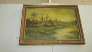 An oil on canvas of cottages in landscape scene by G Cole