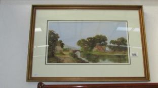 A watercolour of cottage by bridge over river,