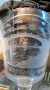 An unusual wine glass engraved with a scene of Sunderland Bridge ****Condition report****