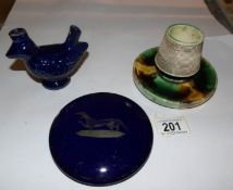 A rare early 19th century Staffordshire blue glazed bird whistle,