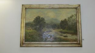 An oil on canvas of river landscape with sheep signed J Clayton Adams
