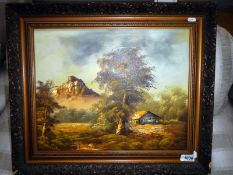 An oil on canvas woodland scene with rocky hill in background signed but indistinct