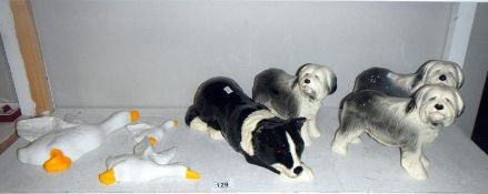 A quantity of dog figures & 3 geese wall plaques