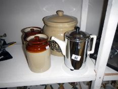 3 stoneware jars & a coffee pot