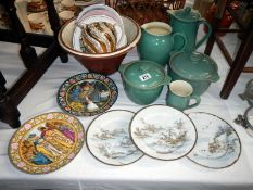 A quantity of china including Denby green jugs & Wedgwood collectors plates etc.