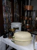 A mixed lot including scales, pan stand, copper pans,