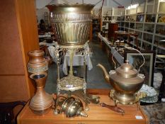 A quantity of brass items including a kettle & jardinier & stand etc.