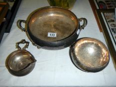 2 hand beaten silver plated bowls & a plated jug with a 1797 cartwheel penny in the base