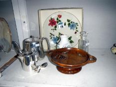 An EPNS teapot, EPNS jug, Minton vase, glass bottle,