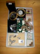 A quantity of costume jewellery including marcasite, Sekonda pocket watch & malacite necklace etc.