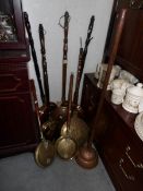 A quantity of brass and copper warming pans etc