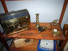 A quantity of brass items including companion set etc.