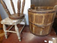 An old wooden pail and 2 stools