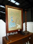 An oak framed tapestry fire screen & an oak barley twist smokers stand