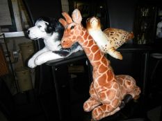 3 soft toys, giraffe,