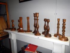 6 pairs of turned wood candlesticks including arts & crafts