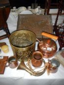 A quantity of brass & copperware including kettle & brass slipper box etc.